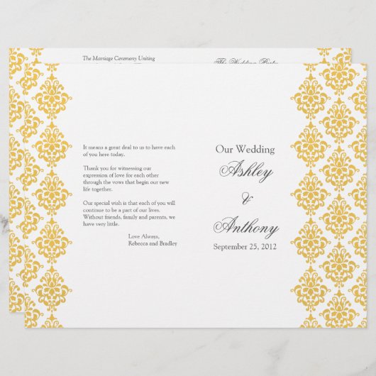 Geel grijs Damask Foldable Wedding Programme (Voorkant / Achterkant)