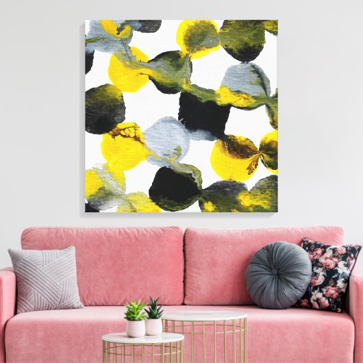 Geel, grijs en zwart interactiepatroon canvas afdruk (Insitu (Woonkamer))