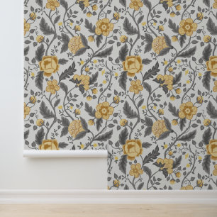 Geel & Grijs Jacobean Bloempatroon Behang