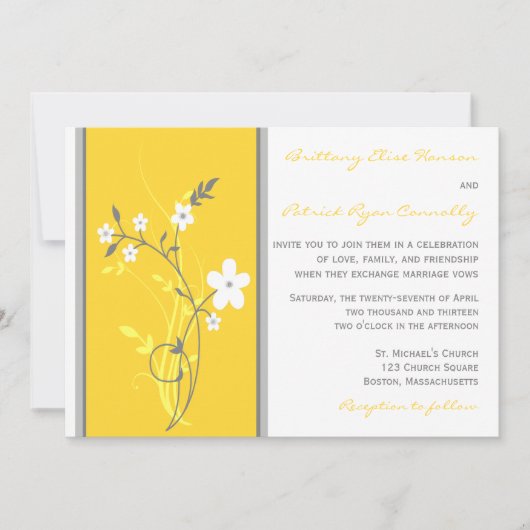 Geel, grijs, White Floral Wedding Invitation Kaart (Voorkant)