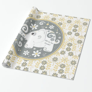 Geel grijs wit fancy olifant bloemen cadeaupapier