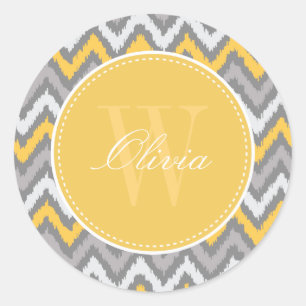 Geel grijs Zigzag Ikat Pattern Monogram Ronde Sticker