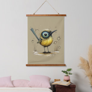Geel Groen Blauw en Zwart Abstract Mad Bird Hangend Wandkleed