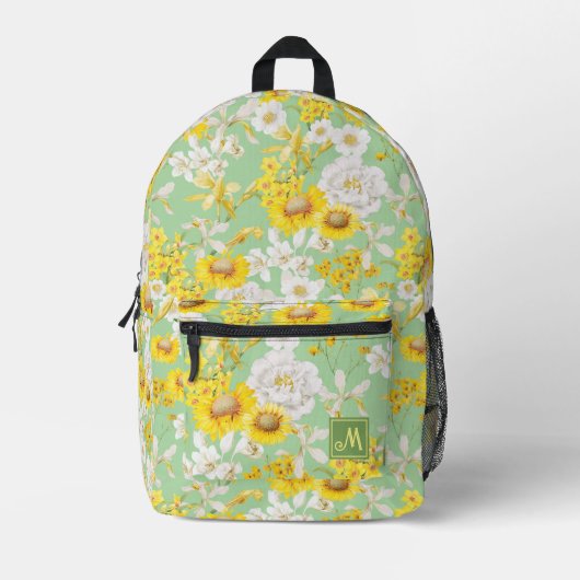 Geel Groen Bloemen Patroon Monogram Meisje Bedrukte Rugzak (Voorkant)