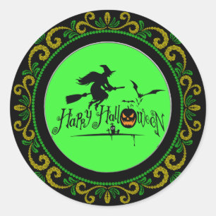 Geel Groen Gelukkig Halloween Heks En Vleermuizen Ronde Sticker