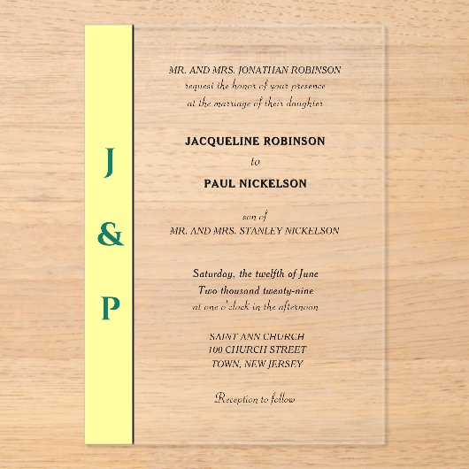 Geel Groen Monogram Bruid en Bruidegom Clear Acryl Uitnodigingen (Voorkant)