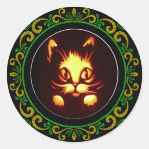 Geel groen Oranje gegolfd gekleurd halloween kat Ronde Sticker