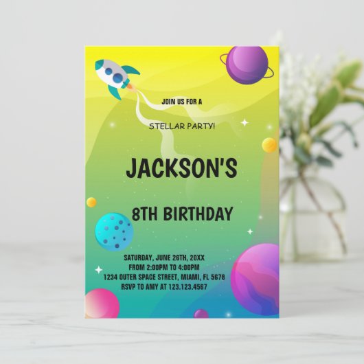Geel & Groen Outer Space Verjaardag Uitnodiging (Staand voorkant)