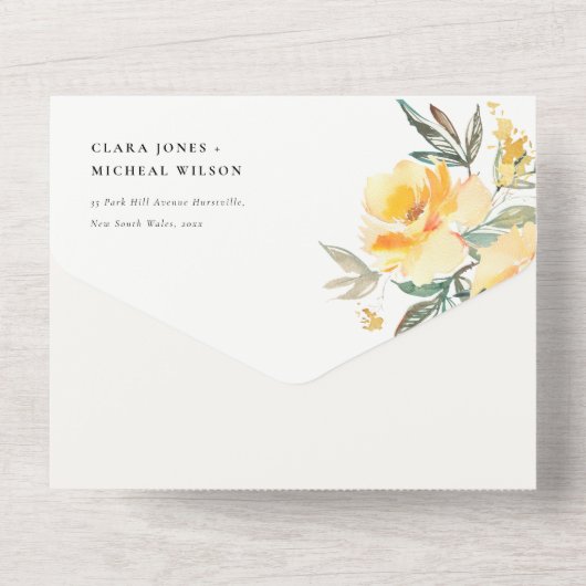 Geel groen Waterverf Roos Vloerbunch bruiloft All In One Uitnodiging (Achterkant)