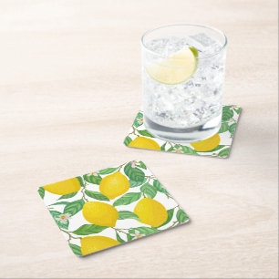 Geel groen wit lemonpatroon vierkante kartonnen onderzetter