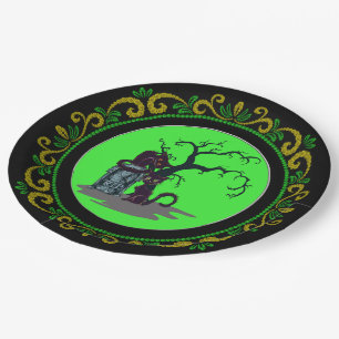 Geel Groen Zwart Katten Tombstone Tree Halloween Papieren Bordje