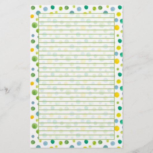 Geel Groene Waterverf Polka Dots Lined Briefpapier (Voorkant)