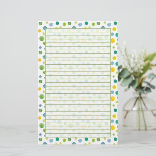 Geel Groene Waterverf Polka Dots Lined Briefpapier (Staand voorkant)