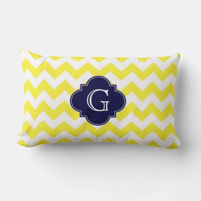 Geel groots Chevron Navy Blue Quatrefoil Monogram Kussen (Voorkant)