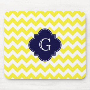 Geel groots Chevron Navy Blue Quatrefoil Monogram Muismat
