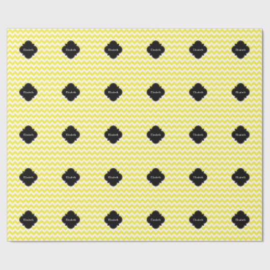 Geel groots Chevron ZigZag Blk Quatrefoil Monagram Cadeaupapier (Vlak)