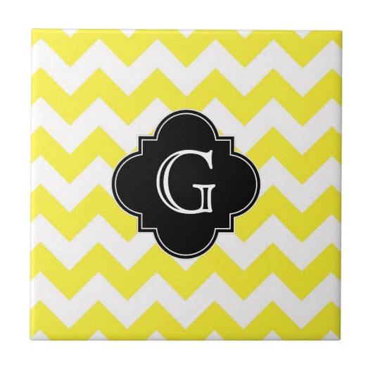 Geel groots Chevron ZigZag Blk Quatrefoil Monagram Tegeltje (Voorkant)
