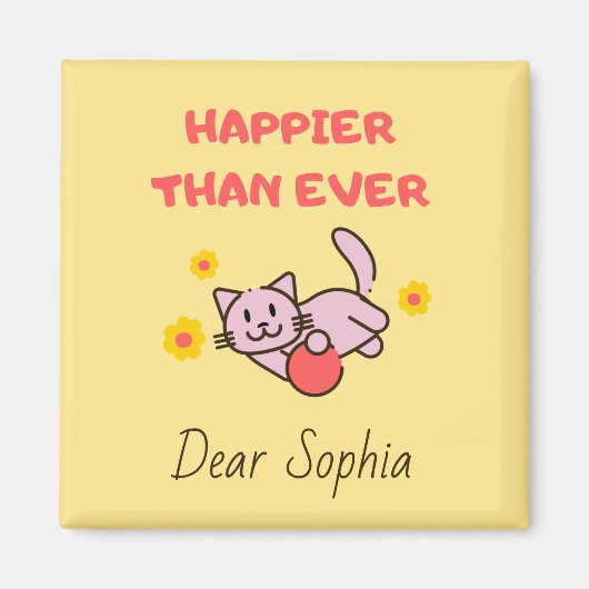 Geel Happy Cat met Flowers Magnet Magneet (Voorkant)