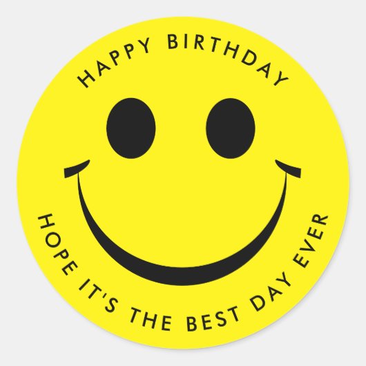 Geel Happy Face Birthday Classic Round Sticker (Voorkant)
