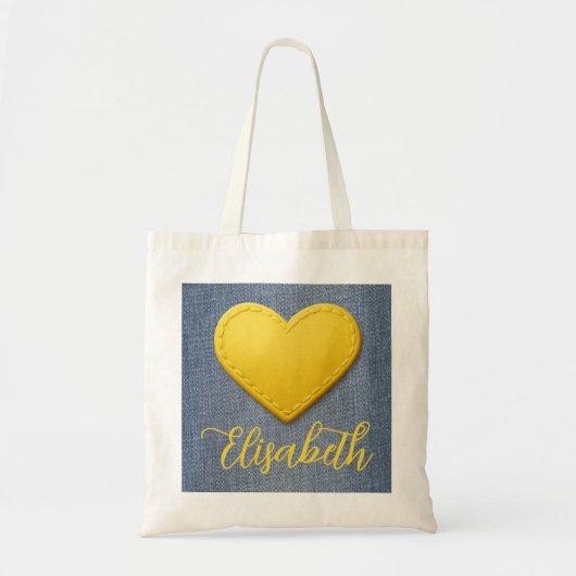Geel hart en jouw naam op denim tote bag (Voorkant)