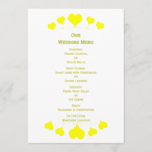 Geel Hart Ontwerp Bruiloft Menu (Voorkant)