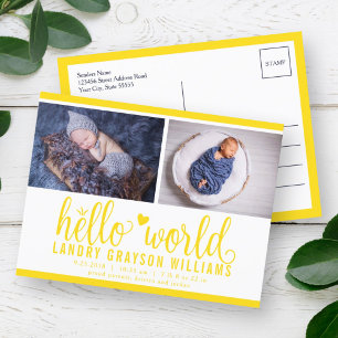 Geel Hello World Foto Geboorte Statistiek Aankondigingskaart