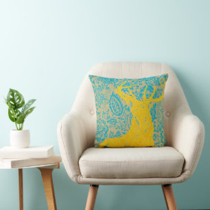 Geel hert op Aqua Floral of een kleur kussen