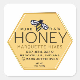 Geel Honing Hexagon Label met Bijen en Honingraat