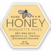 Geel Honing Hexagon Label met Bijen en Honingraat (Voorkant)