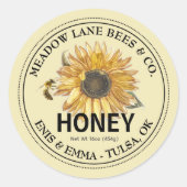 Geel honingetiket met zonnebloem en honingbij ronde sticker (Voorkant)