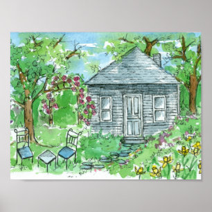 Geel huis voor Waterverf van diffodil Cottage Poster