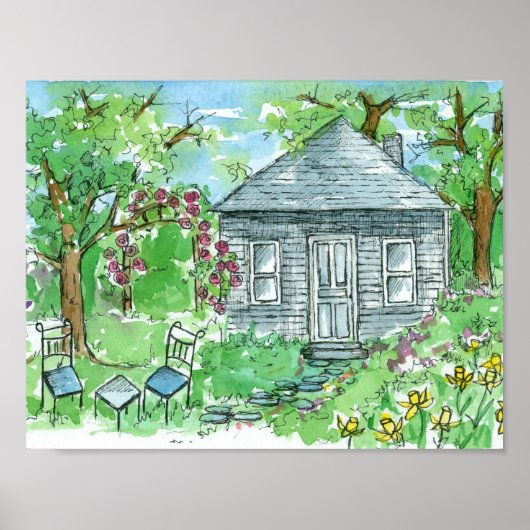 Geel huis voor Waterverf van diffodil Cottage Poster (Voorkant)