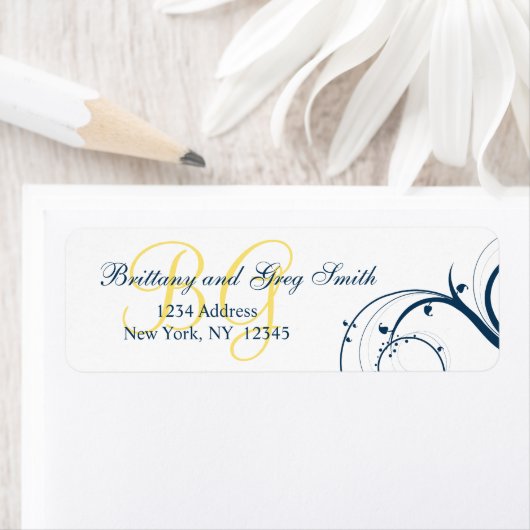 Geel Initiaal, Blauwe Swirls Bruiloft Adresetikett Etiket (Insitu)