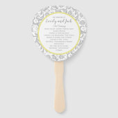 Geel Iris en Grijs Damast Trouwprogramma Handwaaier (Voorkant)