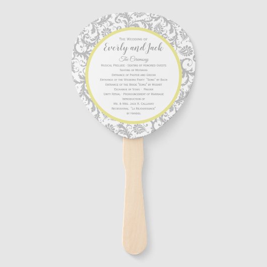 Geel Iris en Grijs Damast Trouwprogramma Handwaaier (Voorkant)