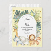 geel, jungle dieren jongen of meisje 1e verjaardag uitnodiging briefkaart (Voorkant / Achterkant)