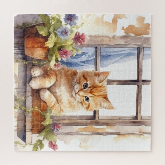 Geel katten venster bloembak schilderen legpuzzel (Horizontaal)