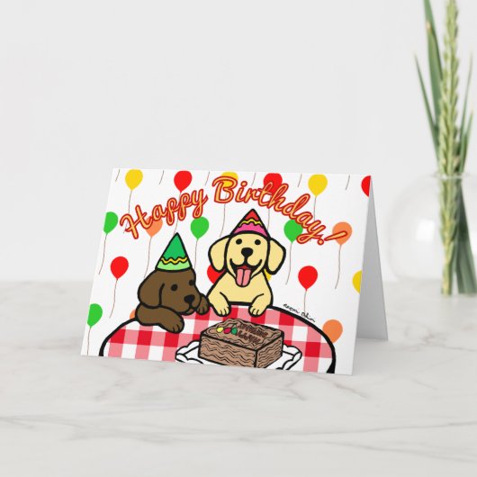 Geel Lab & Chocolade Lab Verjaardag Kaart (Voorkant)
