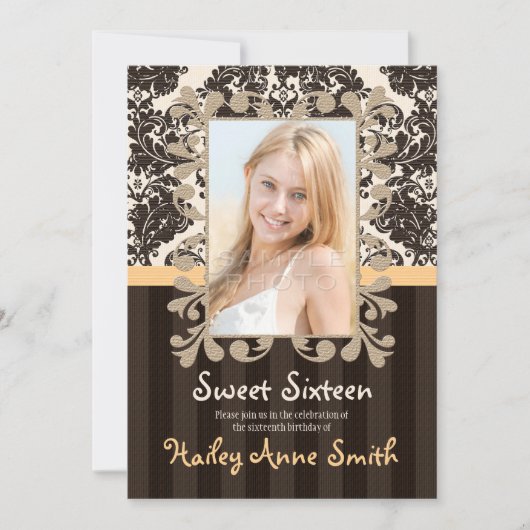 Geel Lace Damask Sweet Sixteen Kaart (Voorkant)