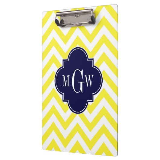 Geel lamsvlees Chevron Navy Quatrefoil 3 Monogram Klembord (Links)