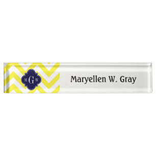 Geel lamsvlees Chevron Navy Quatrefoil 3 Monogram Naambordje
