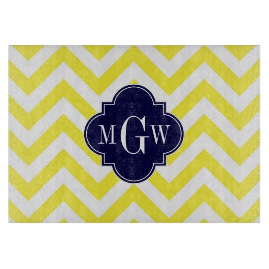 Geel lamsvlees Chevron Navy Quatrefoil 3 Monogram Snijplank (Voorkant)