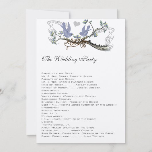 Geel & Lavendel Lovebird Trouwprogramma Kaart (Achterkant)