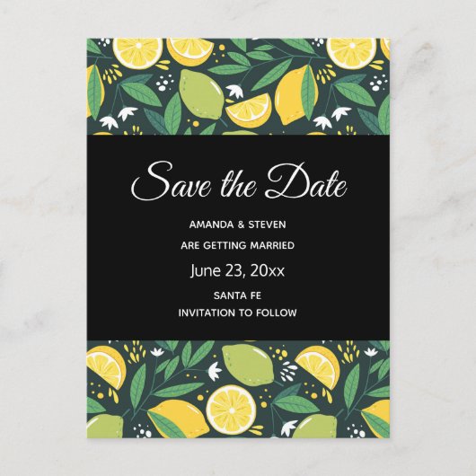 Geel lemon en Limoen fruitpatroon sparen de Datum Uitnodiging Briefkaart (Voorkant)
