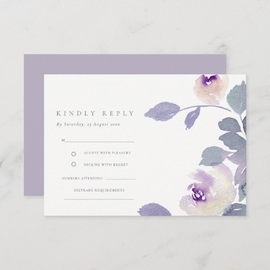 GEEL LILA PAARSE WATERVERF FLORAL WEDDING RSVP INFORMATIEKAARTJE (Voorkant / Achterkant)