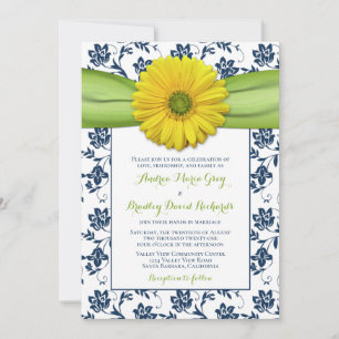 Geel, marine, Green Damask Wedding Invitation Kaart