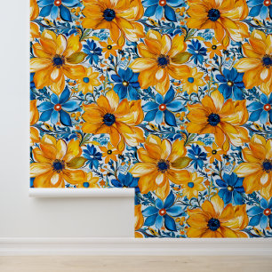 Geel marineblauw bloemmotief kleurrijk boho chic behang