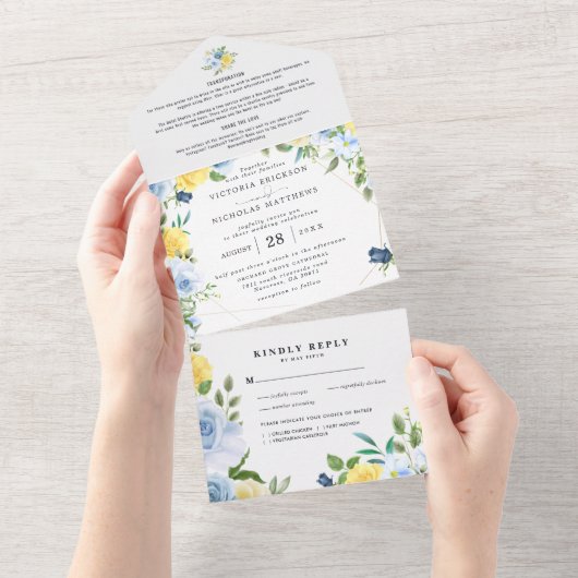 Geel & Marineblauw Zomerbloemen | Bruiloft All In One Uitnodiging (Afscheurbaar)
