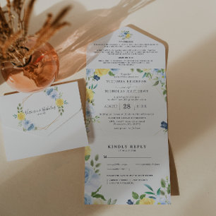 Geel & Marineblauwe Zomer Bloemen Bruiloft All In One Uitnodiging