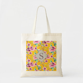 Geel met roze bloemen en gouden monogram tote bag